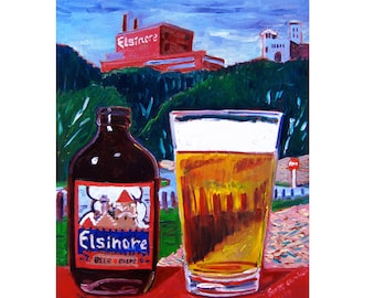 May include: A painting of a glass of beer and a bottle of Elsinore beer. The bottle has a label with a red roof and a blue sky. The brewery is in the background.