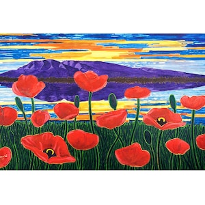 Susitna Pops Art Print, Alaskan Artist Scott Clendaniel, Sleeping Lady, Red Poppies Flowers, Anchorage Living Room Art, Alaskan Landscape