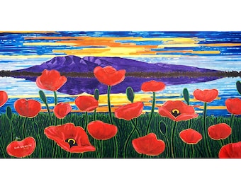 Susitna Pops Art Print, Alaskan Artist Scott Clendaniel, Sleeping Lady, Red Poppies Flowers, Anchorage Living Room Art, Alaskan Landscape