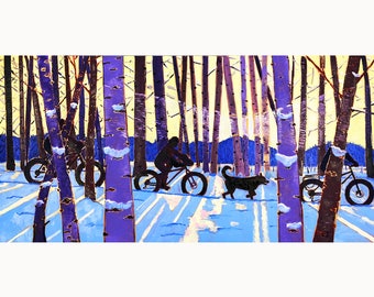 Earning Your Pint Print, Fat Tire Bicycle, Alaska Winter Fat Biking Painting, Scott Clendaniel, Solstice Art, Biking & Dogs Art, Birch Trees