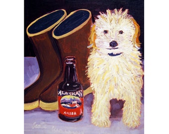 Goldendoodle Art, Xtratufs Art Print, Alaskan Brewing Amber, Alaska Beer Art, Hund und Bier Art, Bar Art, Man Cave Beer Poster, Geschenk für Ihn