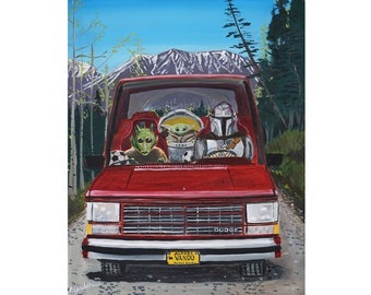 Vando Prints by Alaskan Artist Scott Clendaniel, Mandalorian Driving a Van, Gift for Dad, Star Wars Parody Art