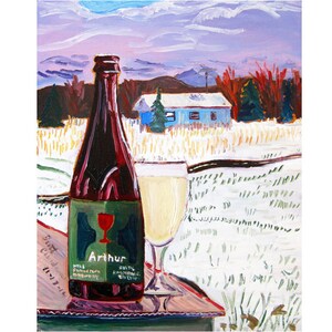 May include: A painting of a bottle of Arthur Ale with a glass of beer in front of it. The bottle is green and red with the words "Arthur Ale" on the label. The glass is clear and filled with a light yellow liquid. The background is a snowy landscape with a blue house in the distance.