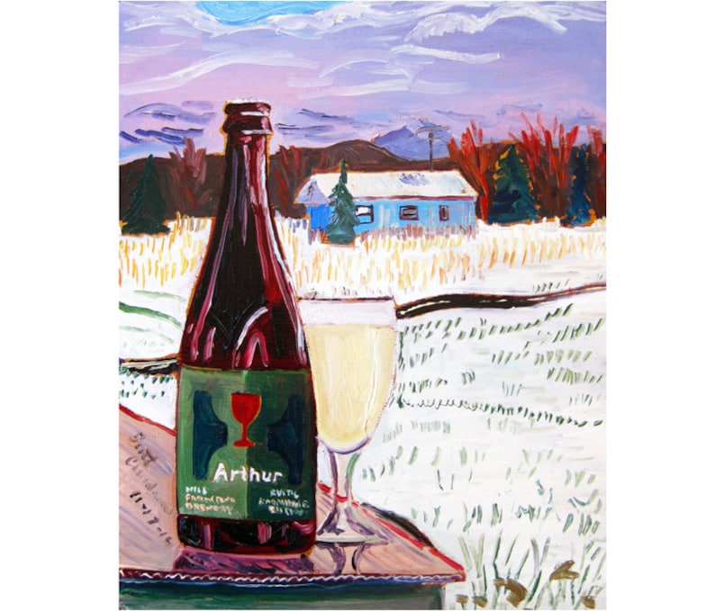 May include: A painting of a bottle of Arthur Ale with a glass of beer in front of it. The bottle is green and red with the words "Arthur Ale" on the label. The glass is clear and filled with a light yellow liquid. The background is a snowy landscape with a blue house in the distance.