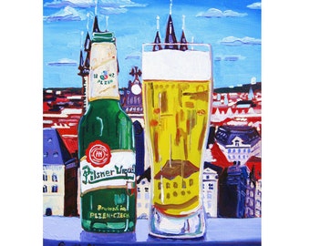 Pilsner Urquell Art, Na Zdravi, Pilsner Poster, Retirement Beer Gift for Him, Kitchen Art, Czech Republic Beer, Europe Painting, Art for Men
