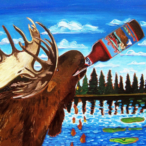 Moose Drool Brown Ale, Big Sky Brewing, Animals Drinking Beer, Montana Beer Art, Birthday Craft Beer Gift for Him, Bar Art, Retirement Gift