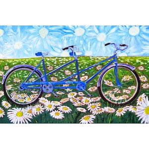 Tandem Bicycle Painting, Daisy Art, Bicycle Built for Two, Bicycle Art, Valentine&#39;s Day, Anniversary Gift for Her, Wedding Gift for Cyclists