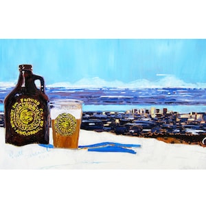May include: A brown glass growler with a yellow label featuring a sun and the text "Midnight Sun Brewing Co. Anchorage, Alaska" sits on a white surface next to a glass of beer. The background shows a cityscape with mountains in the distance.
