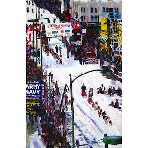 Alaska Painting, Iditarod Poster, Mushing Husky Sled Dogs, Anchorage Painting, Alaska Souvenir, Downtown Anchorage Iditarod Start Painting