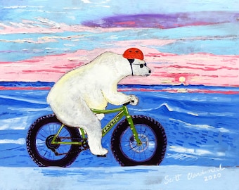 Polar Bear Riding Fatback Bike Print, Fat Tire Bicycle, Alaska Winter Biking Painting, Scott Clendaniel, Arctic Art, Alaskan Artist