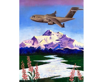 Elmendorf Air Force Base C-17 Airplane Painting, Denali Mountain Painting, Gift for Alaska Air Force Pilot, Alaska Aviation, Mt McKinley Art