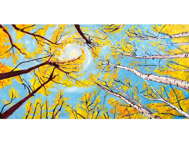 May include: A painting of a forest scene with tall trees reaching up towards a bright blue sky. The leaves of the trees are a vibrant yellow, and the sun is shining brightly. The painting is done in a realistic style, with a focus on the details of the trees and leaves.