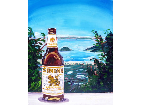 シンハービールの絵画、タイのポスター、ビーチでビールを飲むアート