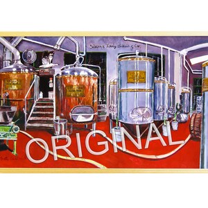 Puede incluir: Una pintura del interior de una cervecería con grandes tanques de acero inoxidable y calderas de cobre. El texto "Sleeping Lady Brewing Co." es visible sobre los tanques. El suelo es rojo y hay una máquina verde en primer plano.