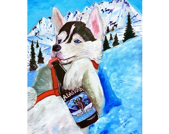 Alaskan Brewing Husky IPA Beer Painting, Sled Dogs Drinking Beer, Animals & Beer, Iditarod Souvenir, Dog Mushing, Dog Person Craft Beer Gift