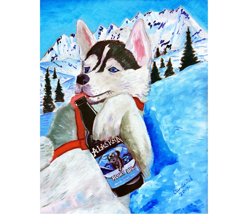 Alaskan Brewing Husky IPA Beer Painting, Sled Dogs Drinking Beer, Animals & Beer, Iditarod Souvenir, Dog Mushing, Dog Person Craft Beer Gift image 1