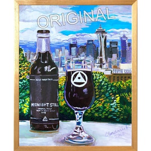 May include: A painting of a bottle of Midnight Still Imperial Stout beer with a glass of the same beer in front of it. The painting is set against a backdrop of the Seattle skyline, including the Space Needle.