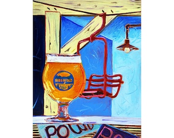 Girdwood Brewing, Alyeska Painting, Red Ski Lift Chair, Alaska Beer Gift for Skier, IPA Beer Glass, Anniversary Beer Gift for Him, Bar Art