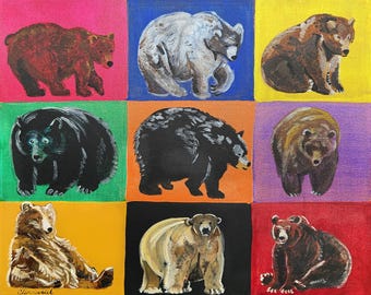 May include: A pop art style painting featuring nine different bear illustrations, each on a square of vibrant color. The bears are depicted in various poses and colors, including brown, black, and white.