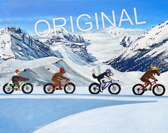 Peinture à l'huile originale Fat Bike animaux de l'Alaska par Scott Clendaniel