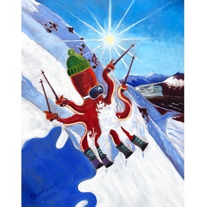 May include: A red octopus wearing a green hat and goggles is skiing down a snowy mountain slope. The octopus has eight tentacles and is holding two ski poles. The sun is shining brightly in the blue sky.