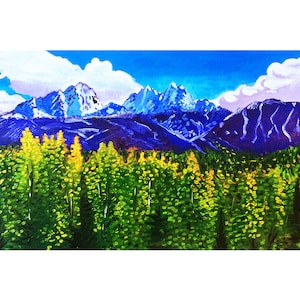 Alaska Chugach Mountains Art, Alaskan Gift, Blue Green Alaska Painting, Fall Foliage, Snow Capped Mountains Art, Alaska Souvenir, Twin Peaks