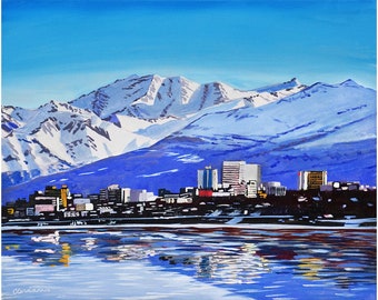 Anchorage Skyline with Chugach Mountains Print by Alaskan Artist Scott Clendaniel