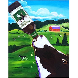 Wisconsin Beer Art, Spotted Cow Print, New Glarus Brewing, Animals Drinking Beer, Gift for Husband, Gift for Brother, Farm Painting, Bar Art
