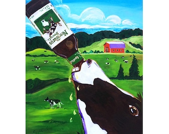 Wisconsin Beer Art, Spotted Cow Print, New Glarus Brewing, Animals Drinking Beer, Gift for Husband, Gift for Brother, Farm Painting, Bar Art