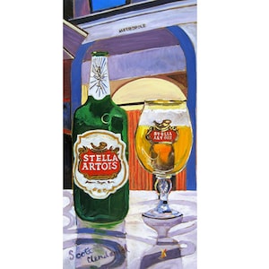 Stella Artois Beer Bottle and Glass in Belgium, Belgian Beer Art, Man Cave Beer Poster, Gift for Sister, 21st Birthday, Gift for Husband