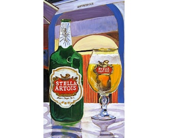 Stella Artois Beer Bottle and Glass in Belgium, Belgian Beer Art, Man Cave Beer Poster, Gift for Sister, 21st Birthday, Gift for Husband