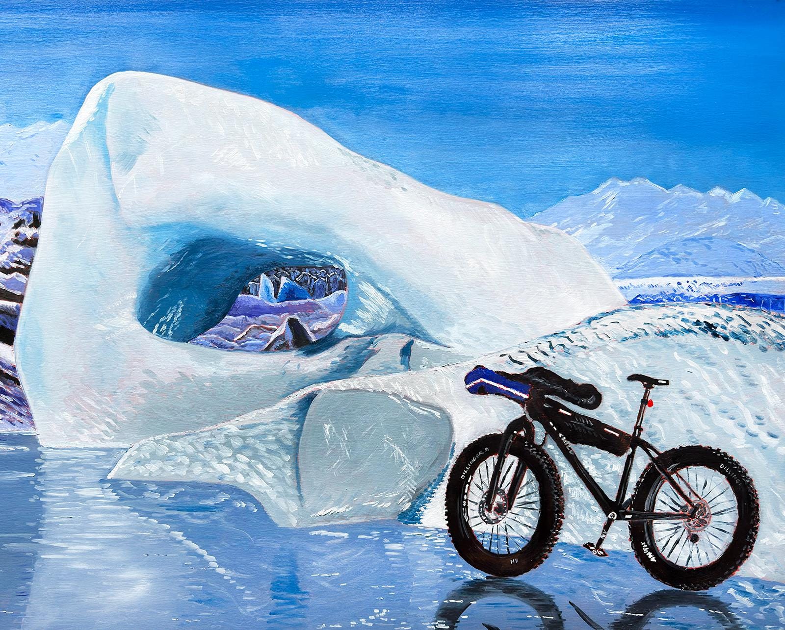 Fat Tire Bicycle, Knik Glacier, Alaska Painting, Custom Bicycle Painting, Gift for Alaskan Cyclist, Winter Biking Painting, Alaskan Artist