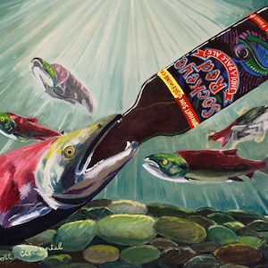 Impression IPA de saumon sockeye rouge buvant, par l'artiste de la bière d'Alaska Scott Clendaniel