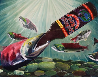 Sockeye Salmon Drinking Sockeye Red IPA Print, by Alaskan Beer Artist Scott Clendaniel