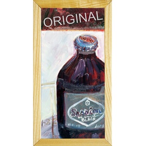 May include: A framed painting of a glass bottle of Session Black beer. The bottle is dark brown with a blue cap and a white label with the words "Session Black" in a stylized font.