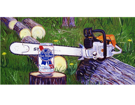 PBR and Stihl Chainsaw Art Pabst Beer Art for Men Man Cave Beer Painting PBR Poster Bar Art Anniversary Beer Gift for Husband under 50