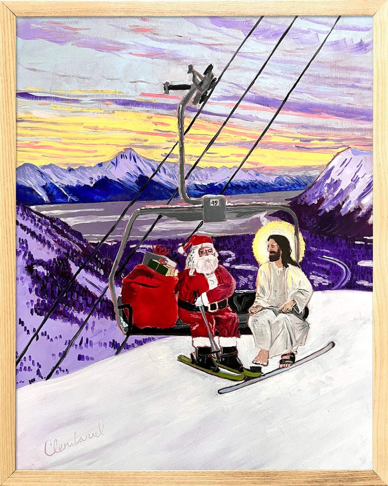 Santa and Jesus Riding a Chairlift Oil Painting by Alaskan Artist Scott Clendaniel Original painting