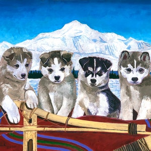 Alaskan Husky Puppies in a Dog Sled in front of Denali Painting, by Alaskan Artist Scott Clendaniel