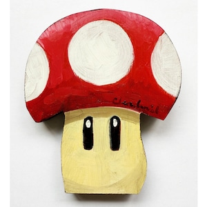 Nintendo Super Mario Bros. Red Mushroom-Shaped Cut-Out Painting Wall Piece, 6" tall, w/ Hanging Bracket, Scott Clendaniel, Alaskan Artist