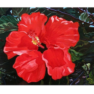 Red Hibiscus Flower Painting, Hawaii Painting, Hawaii Flower Art Gift for Mom, Gift for Her, Gift for Wife, Dining Room Art, Tropical Flower