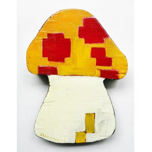 Nintendo Super Mario Bros. 8-Bit Power-Up Yellow Mushroom-Shaped Cut-Out Painting Wall Piece, 6" tall, w/ Hanging Bracket, Scott Clendaniel