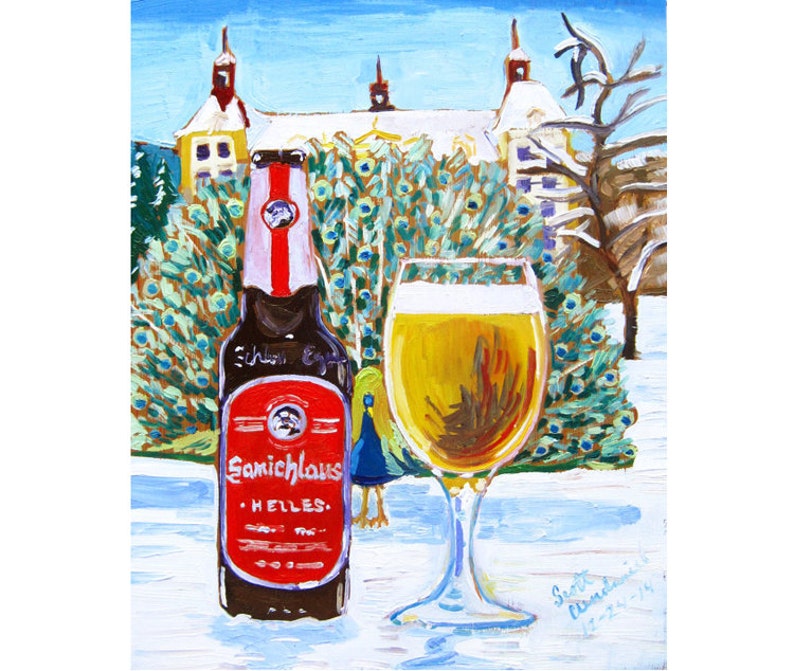 Samichlaus Helles Austrian Beer Poster, Peacock Painting, Castle Brewery Beer Painting, Craft Beer Gift for Him, Europe Dining Room Painting image 3