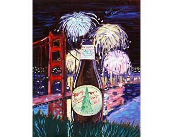 Anchor Brewing, Merry Christmas & Happy New Year 2014 Ale, San Francisco Painting, Golden Gate Bridge Painting, California Craft Beer Poster