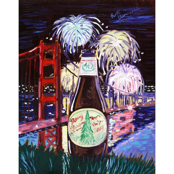 Anchor Brewing, Merry Christmas & Happy New Year 2014 Ale, San Francisco Painting, Golden Gate Bridge Painting, California Craft Beer Poster