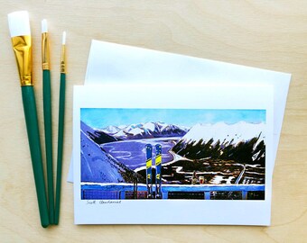Ski AK Greeting Card, Girdwood, 7"x5" Card w/ Envelope, Skiing Blank Art Card, Skier Card, Alaska Postcard, Alaska Christmas Card, Alyeska