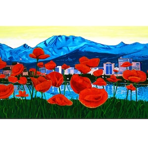 Anchorage Alaska Painting, Alaska Gift, Red Poppies Art, Living Room Art, Retirement Gift, Anchorage Skyline, Alaska Mountains, Clendaniel