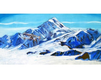Alaska Piper Cub Bush Airplane, Aviation Art, Airplane Painting, Pilot Gift, Alaska Mountains and Airplane Painting, Bush Pilots, St. Elias
