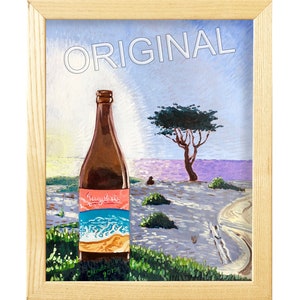 May include: A painting of a bottle of beer with a blue and orange label that says "Seayside" in front of a beach scene with a tree and a winding path. The painting is framed in wood and has the word "ORIGINAL" written in white at the top.