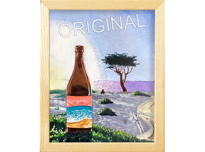 May include: A painting of a bottle of beer with a blue and orange label that says "Seayside" in front of a beach scene with a tree and a winding path. The painting is framed in wood and has the word "ORIGINAL" written in white at the top.