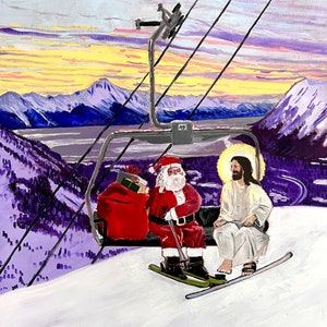Santa and Jesus Riding a Chairlift Oil Painting by Alaskan Artist Scott Clendaniel image 3
